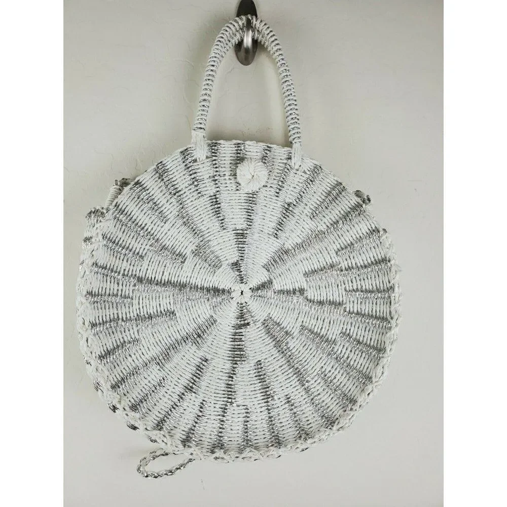 Mudpie white and silver wicker handbag shoulder strap and handles used 1x EUC